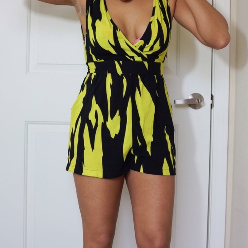 Lime Green & Black V Neck Romper